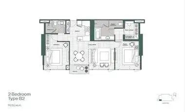 Type B2 floor plan showing open-concept living and two bedrooms in Dusit Residence condo