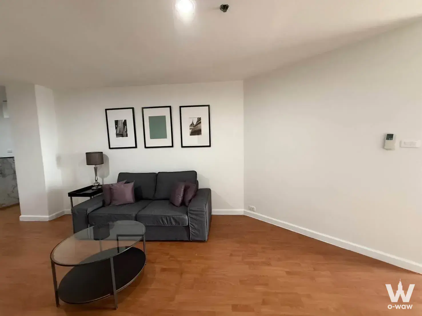 Living room in a 2-bed Waterford Diamond Tower rental has a grey sofa and purple pillows