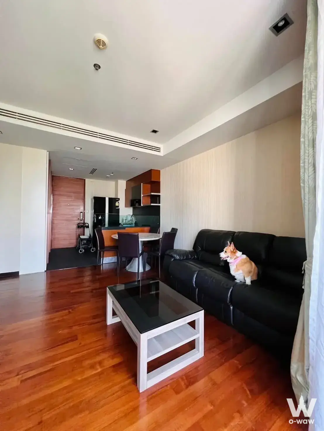 Living area with black leather sofa and hardwood floors in a 2-bed condo for rent at Ashton Morph 38