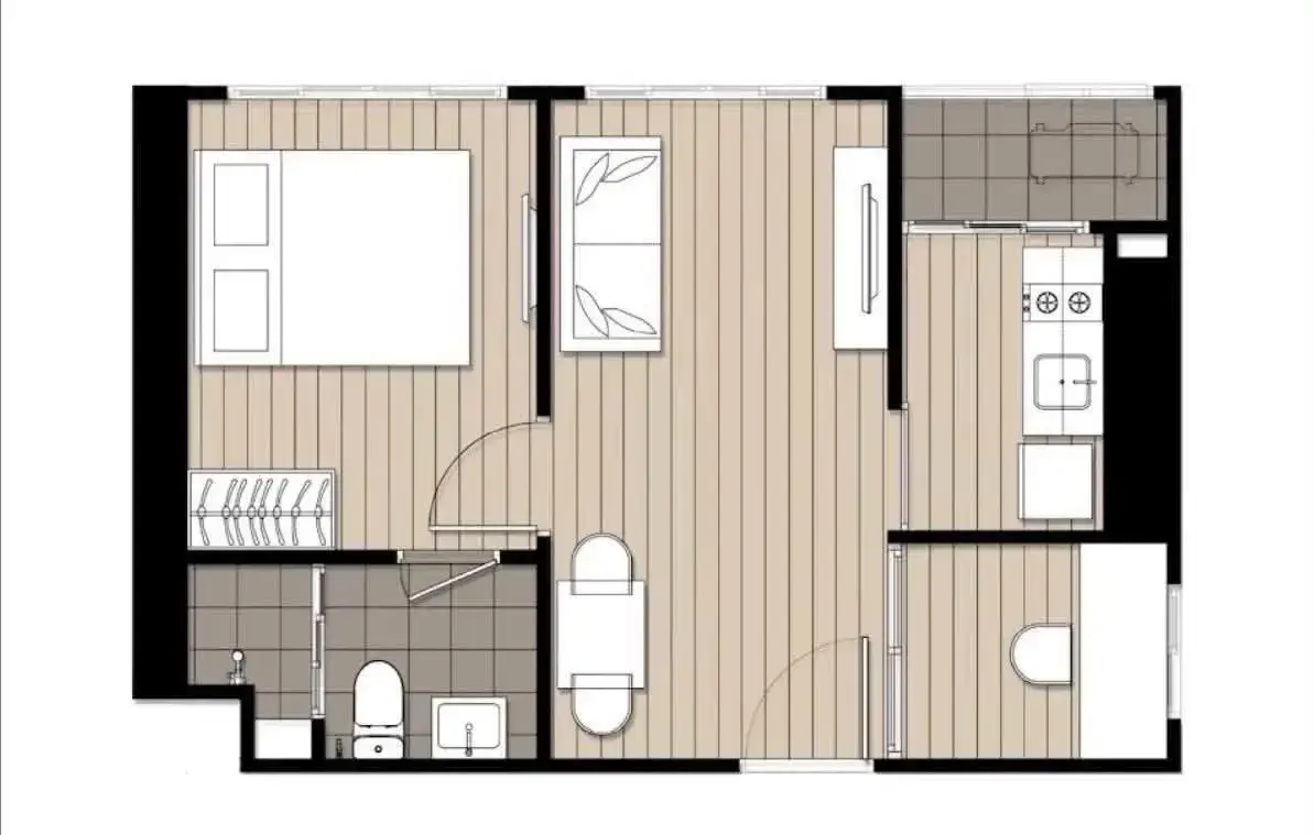 Floor plan showing living, dining, and bedroom areas in an Elio Sathorn-Wutthakat condo