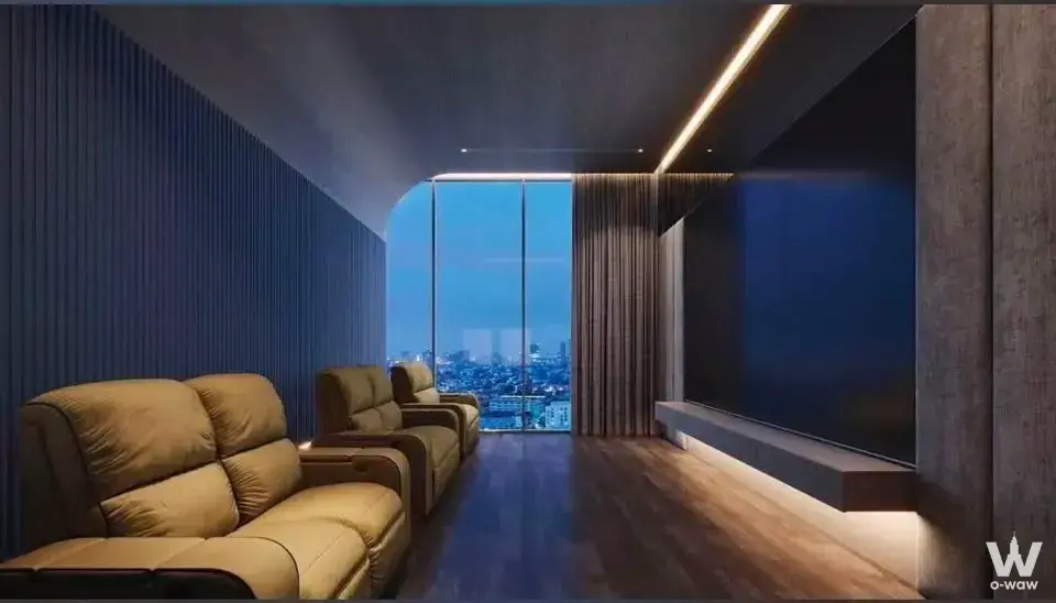 Luxury home theater in Nue Mega Plus Bangna with recliners and floor-to-ceiling window