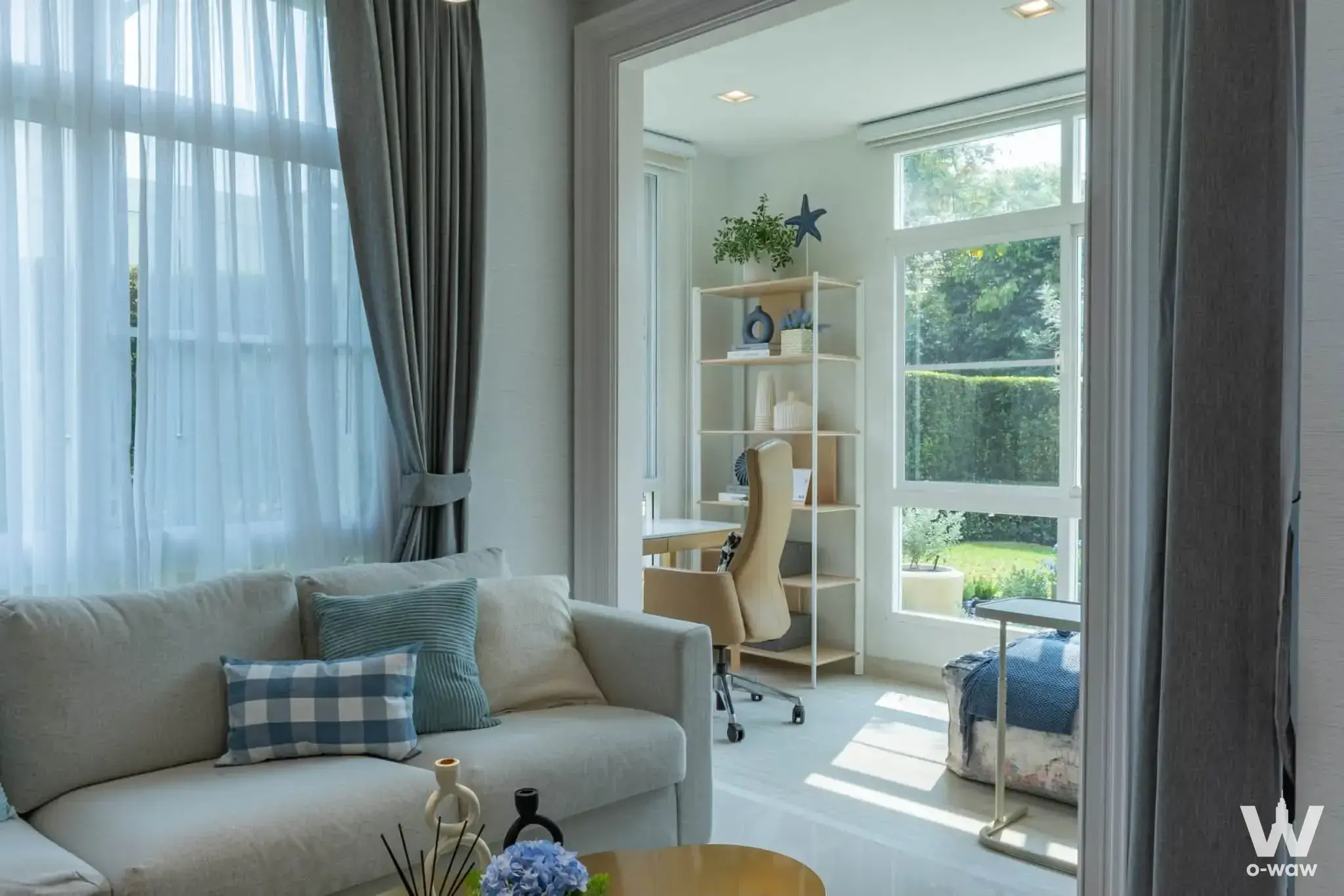 Bright living room in a 4-bed Mantana Bangna Km.15 house with Scandinavian style and home office view