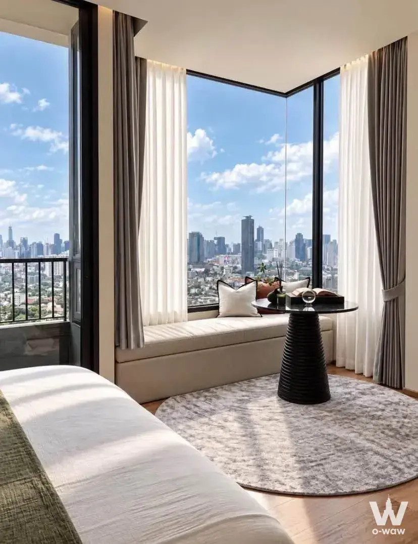 Luxury bedroom with city skyline view in Noble Form Thonglor condo