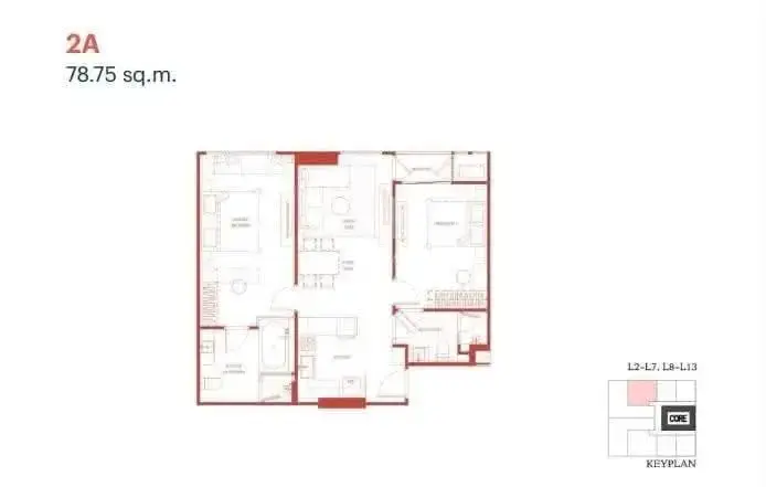 Via Ari 2-bed condo floor plan showing master suite with tub and open living area