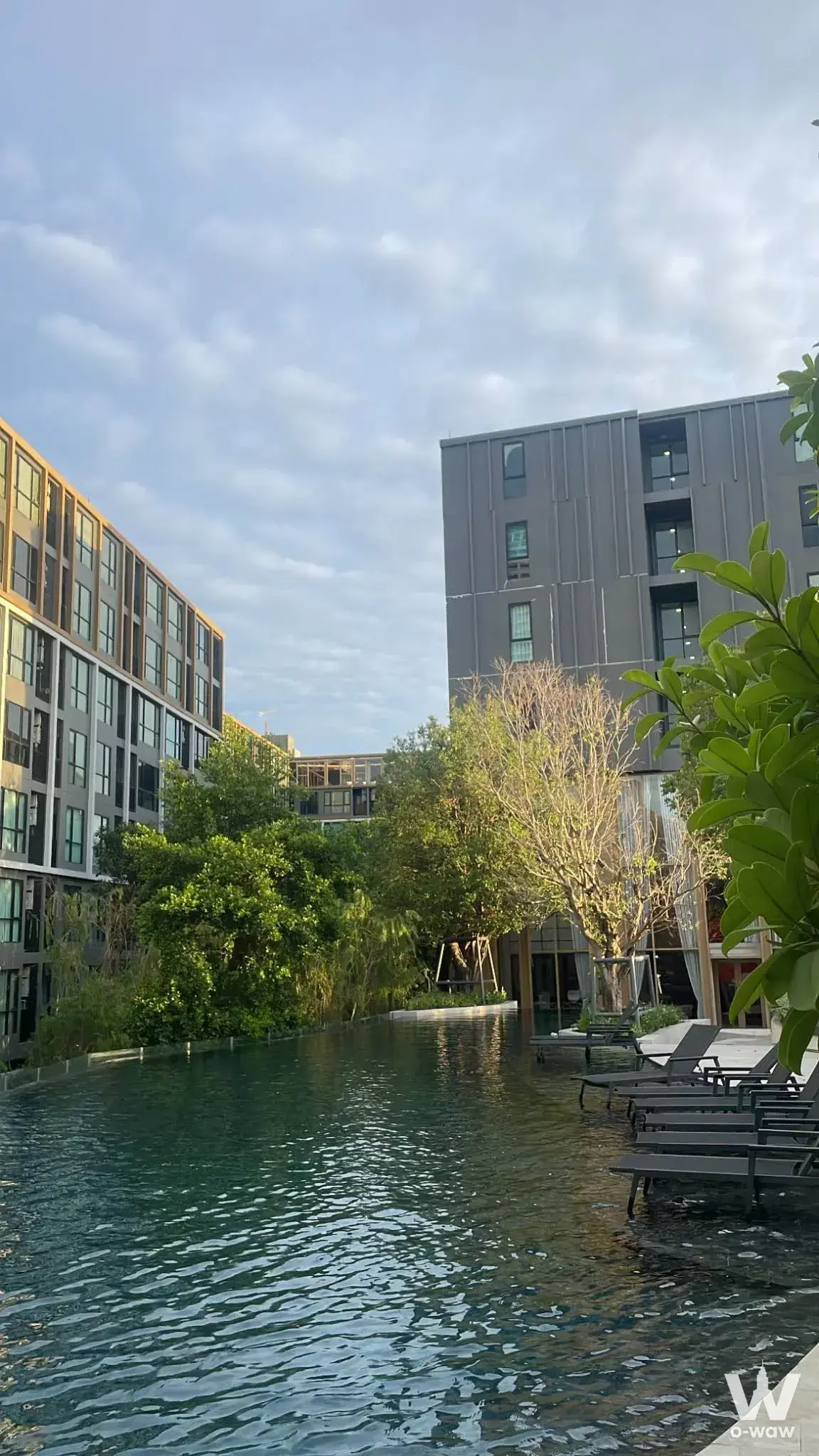 Outdoor communal pool at Atmoz Tropicana Bangna surrounded by contemporary buildings and lush green landscaping
