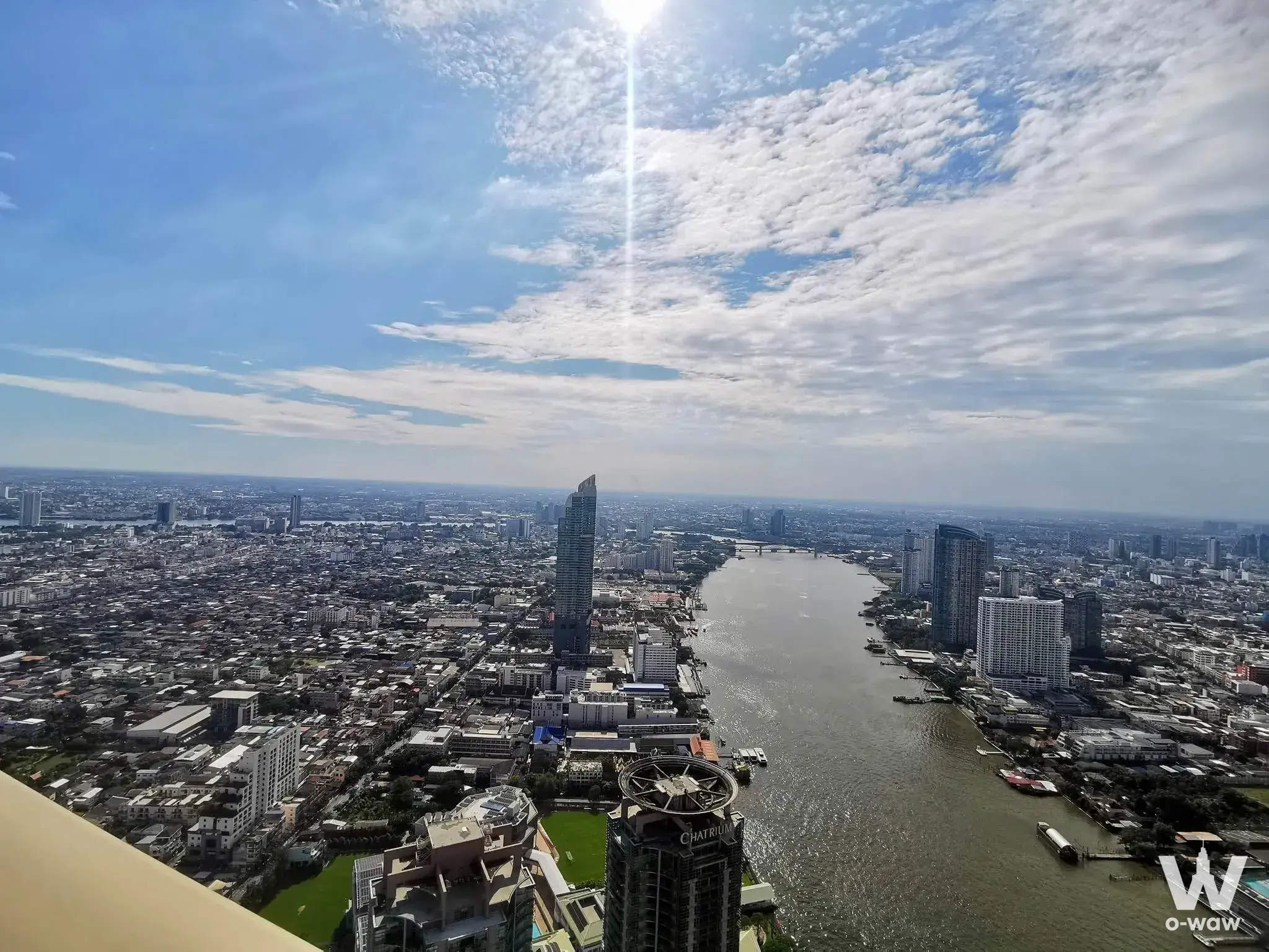 Chao Phraya River and Bangkok skyline view from a Four Seasons Private Residences balcony
