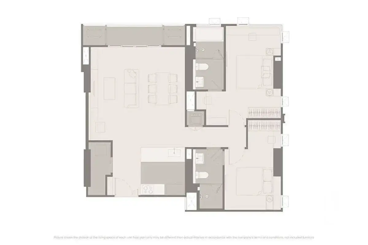 Rhythm Charoennakhon Iconic 2-bed condo floor plan with open-concept layout