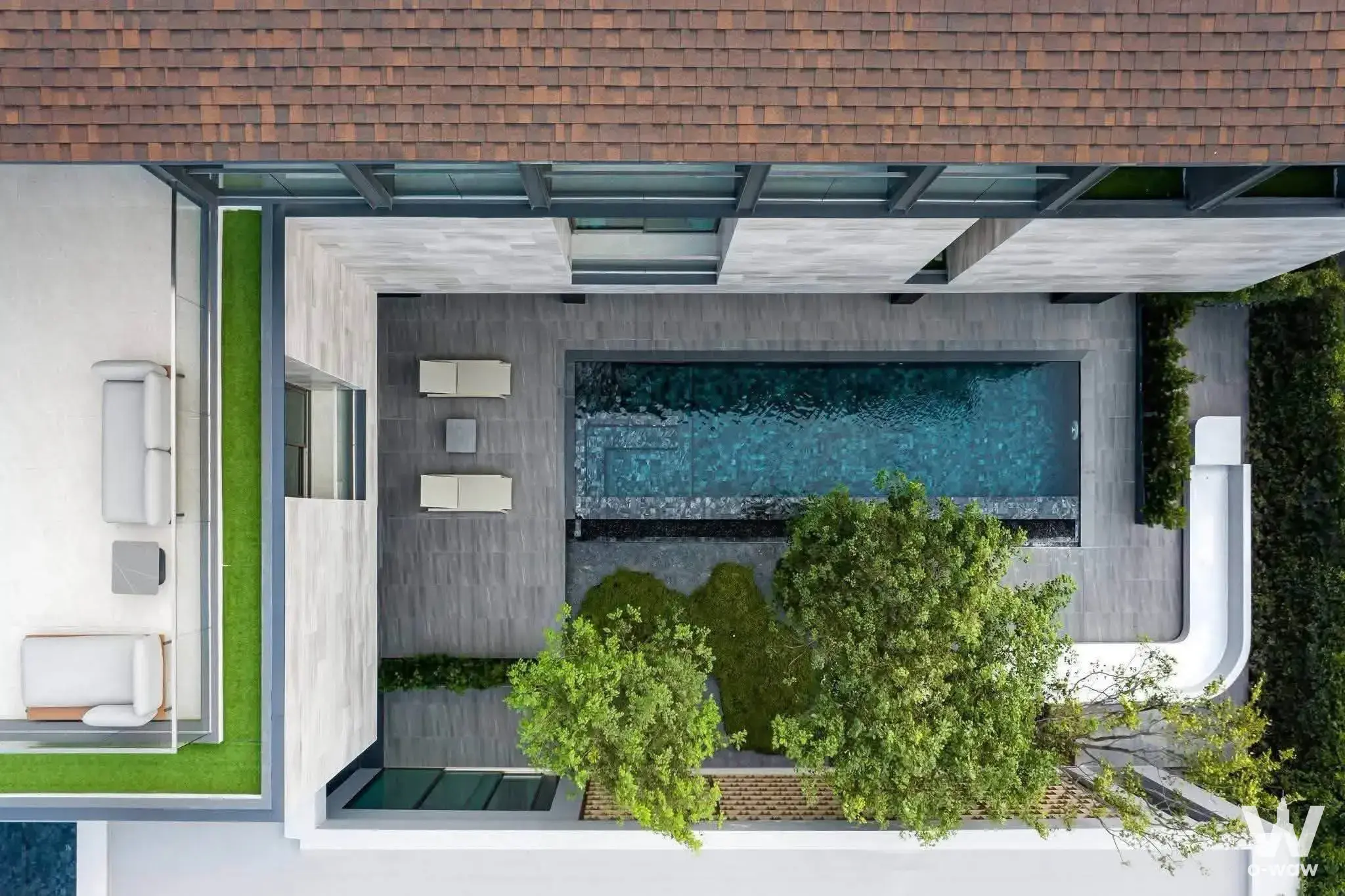 Aerial view of Nirvana Collection Krungthep Kreetha villa courtyard with lap pool and lush garden