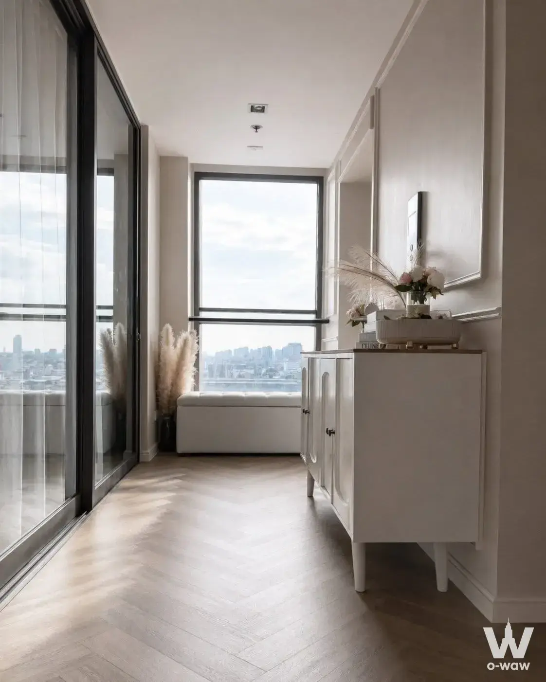 Bright hallway with herringbone floors and city skyline view in this StarView Rama 3 condo