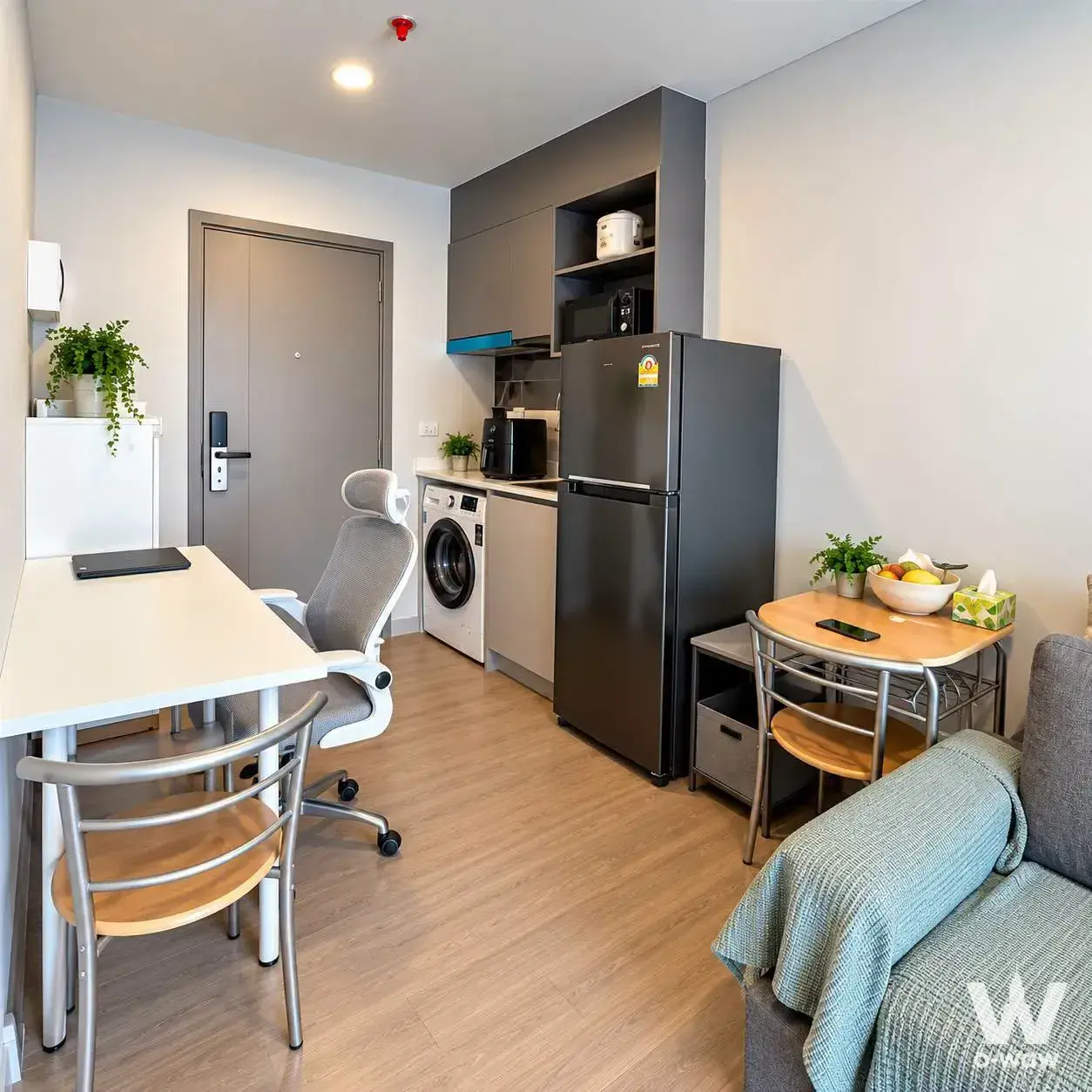 Fully furnished studio unit in Aspire Sukhumvit-Rama 4 with kitchen, desk area, and smart lock