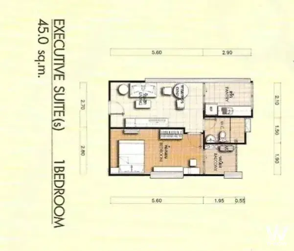 1-bed condo floor plan for sale in Supalai Park Ratchaphruek-Phetkasem showing living room, bedroom, and kitchenette zones