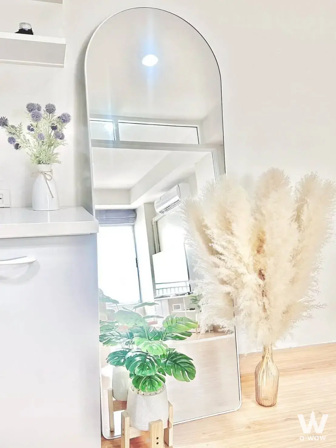 3-bed condo for rent in คอนโดบ้านสุโขทัย รามคำแหง featuring minimalist Scandinavian decor, arched mirror and potted monstera