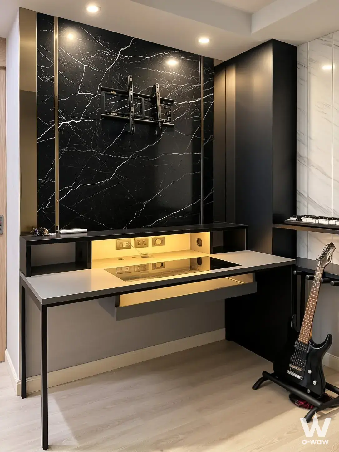 Home office with black marble wall and gold trim in V Condo Salaya 1-bed condo for sale