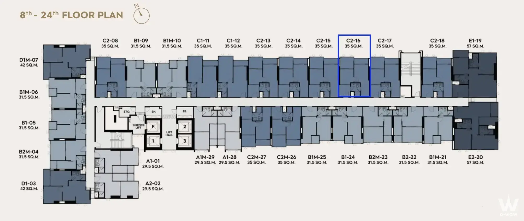 Floor plan diagram for 1-bed condo for sale in Life Charoen Nakhon-Sathorn highlighting unit C2-16
