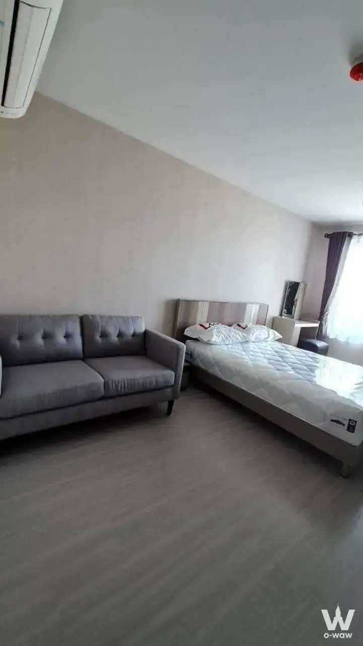 Bright bedroom with grey tufted sofa and window view in a 1-bed condo for rent at Centric Ratchayothin