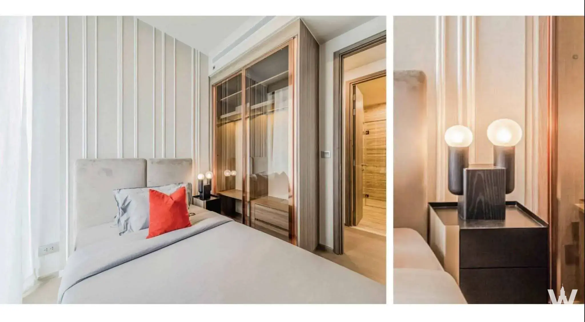 Bedroom in Celes Asoke 2-bed condo with fluted wall panels and an illuminated glass wardrobe