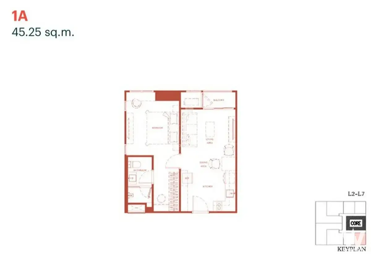 Via Ari 1-bed condo floor plan showing open studio layout with bedroom, living area and balcony access