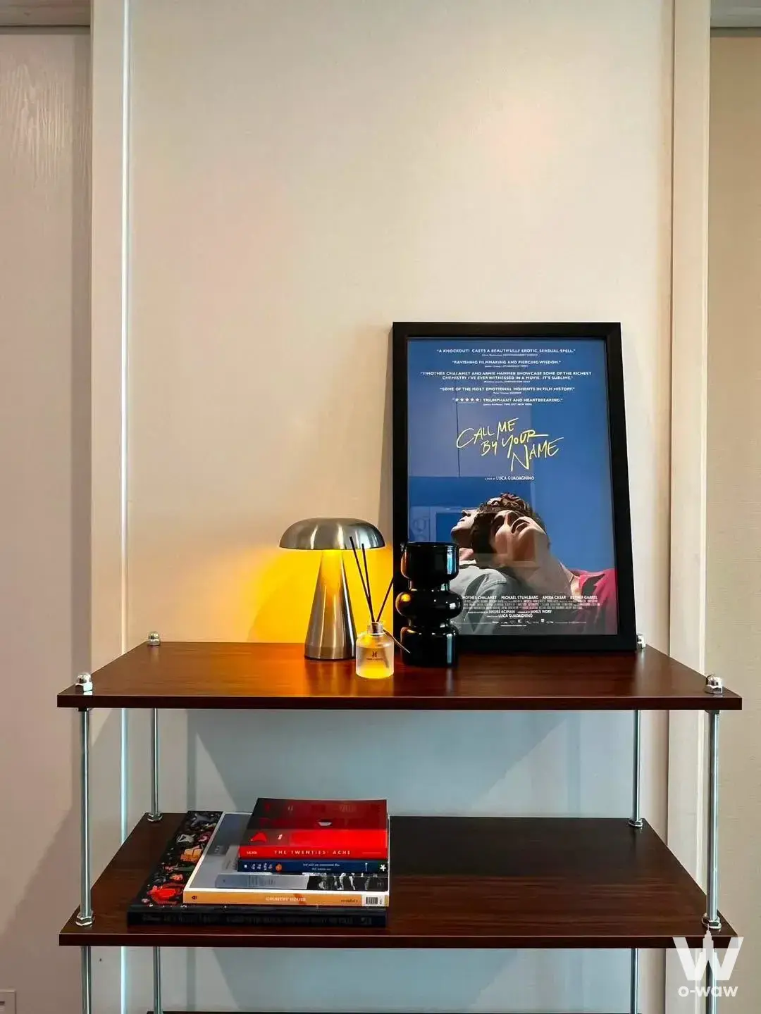 Minimalist shelving unit in a Rich Park Triple Station condo displaying art books and warm mushroom table lamp