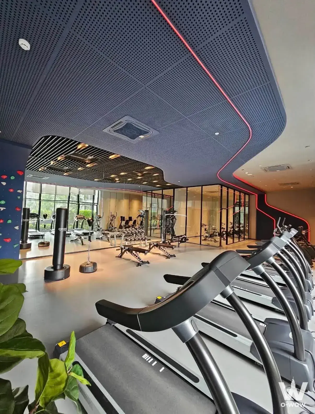 Origin Plug & Play Sirindhorn modern gym with treadmills, climbing wall, and LED lighting